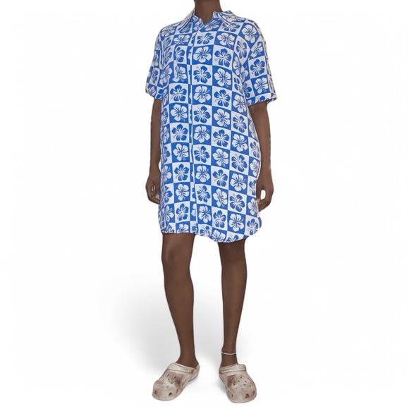 Ascot & Hart Checkered Hibiscus Print Shirt Dress - Picture 1 of 5